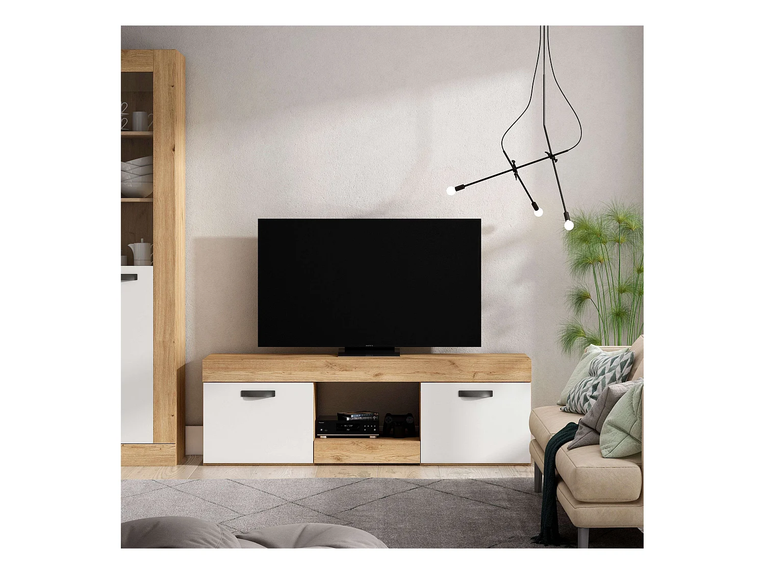 Table TV Argos 2 portes, blanc naturel, pour salle à manger moderne, 49 x 150 x 40 cm
