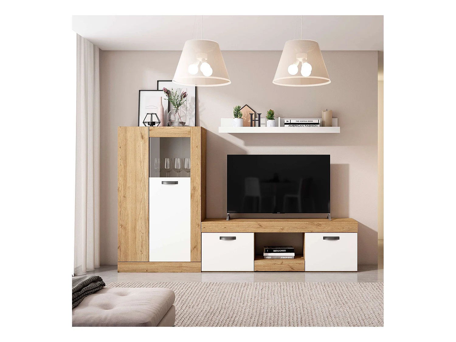 Table TV Argos 2 portes, blanc naturel, pour salle à manger moderne, 49 x 150 x 40 cm