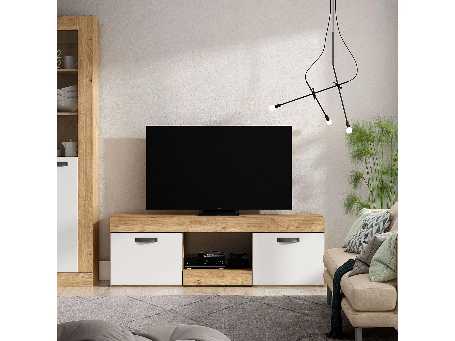 Table TV Argos 2 portes, blanc naturel, pour salle à manger moderne, 49 x 150 x 40 cm