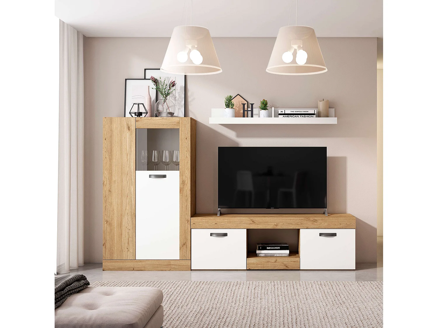 Table TV Argos 2 portes, blanc naturel, pour salle à manger moderne, 49 x 150 x 40 cm
