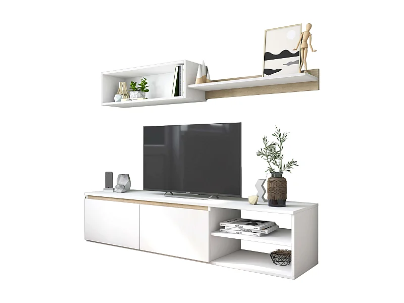 Modulo TV Salón Comedor Nórdico Blanco Mate y Roble Sahara 160 cm