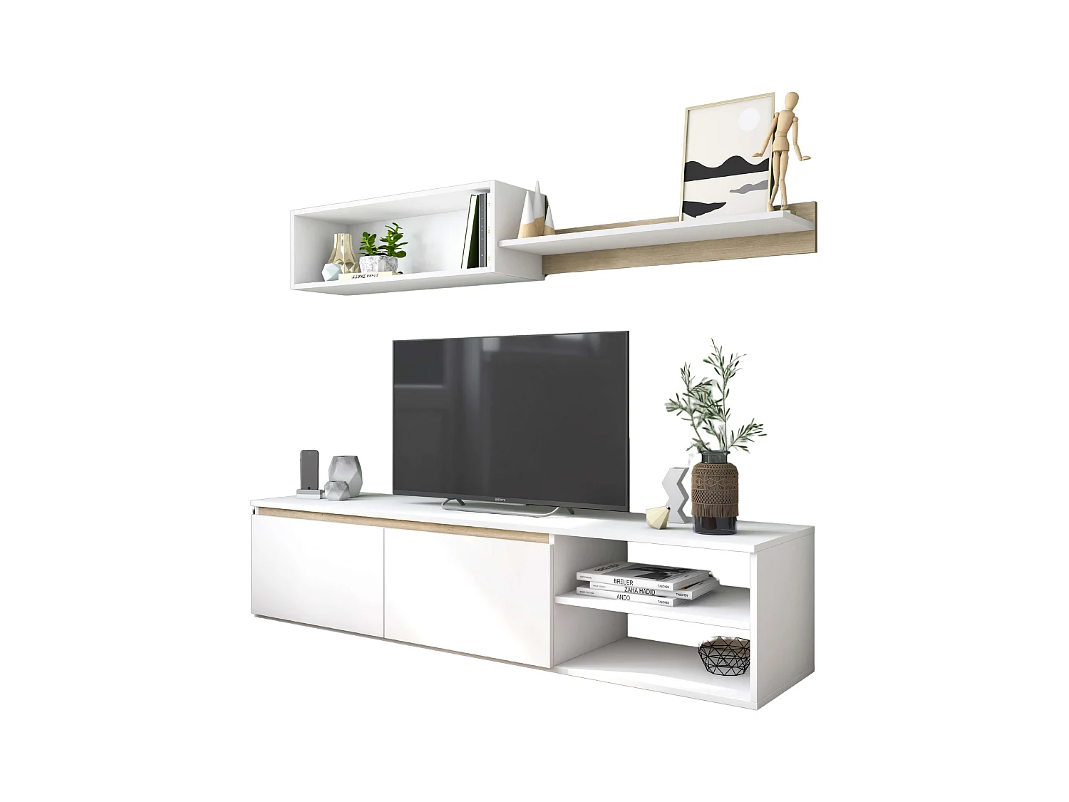 Modulo TV Salón Comedor Nórdico Blanco Mate y Roble Sahara 160 cm