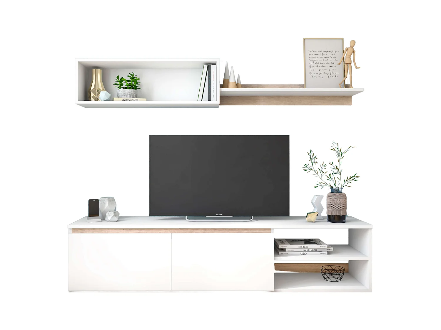 Modulo TV Salón Comedor Nórdico Blanco Mate y Roble Sahara 160 cm