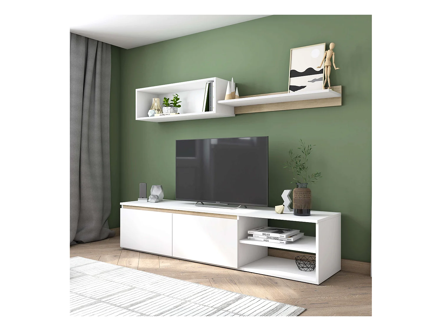 Modulo TV Salón Comedor Nórdico Blanco Mate y Roble Sahara 160 cm