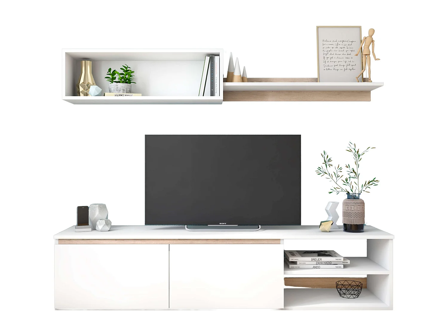 Módulo de TV para sala de estar nórdica em branco fosco e carvalho Sahara 160 cm
