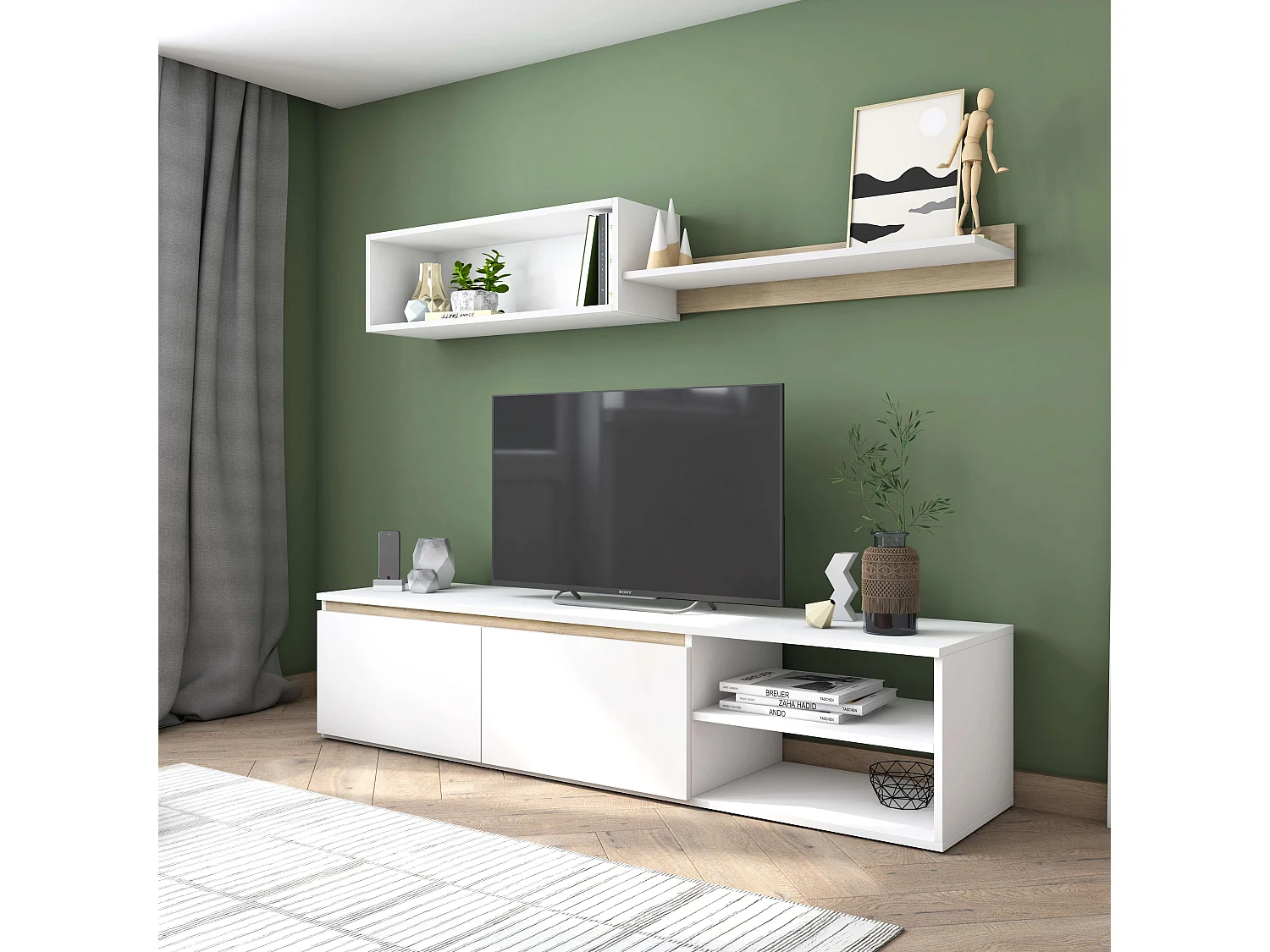 Módulo de TV para sala de estar nórdica em branco fosco e carvalho Sahara 160 cm