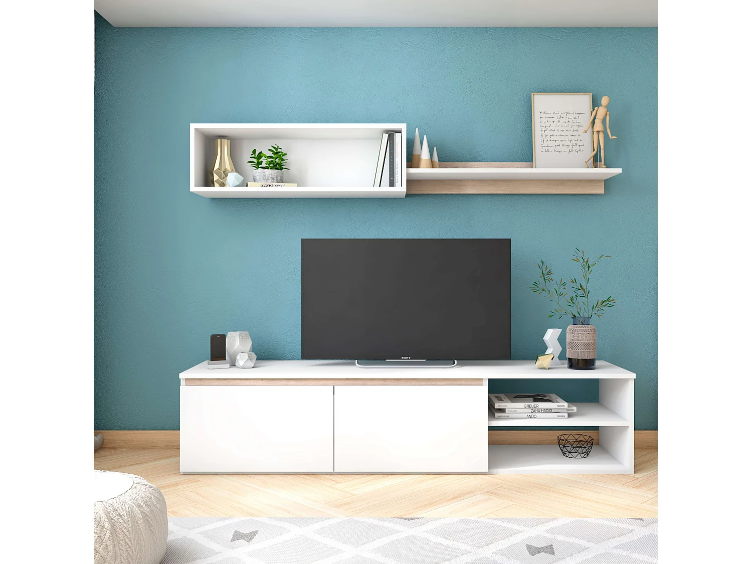 Módulo de TV para sala de estar nórdica em branco fosco e carvalho Sahara 160 cm