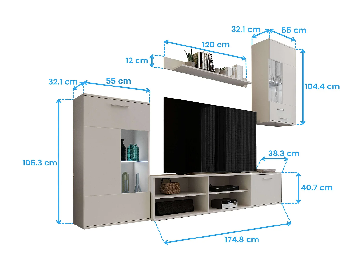 Meuble de salon moderne blanc mat 230 x 38,3 cm