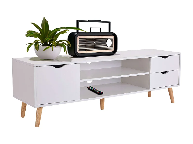 Meuble TV Fiana avec 2 tiroirs, 1 porte, étagère centrale, 140 x 46 x 40 cm, blanc/chêne