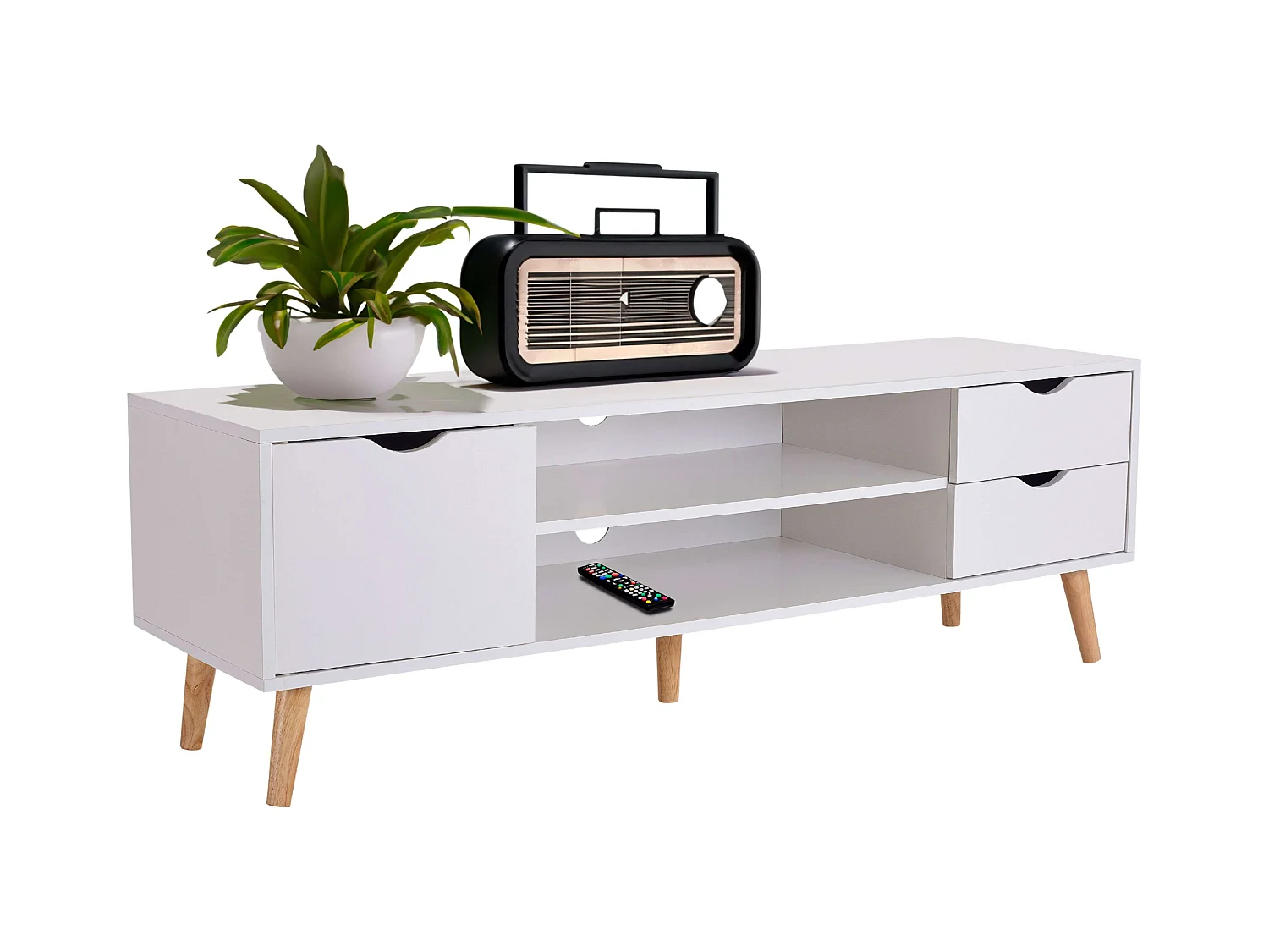 Meuble TV Fiana avec 2 tiroirs, 1 porte, étagère centrale, 140 x 46 x 40 cm, blanc/chêne