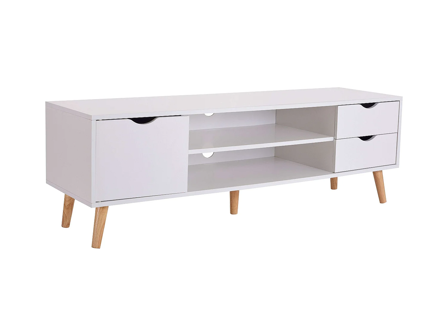 Meuble TV Fiana avec 2 tiroirs, 1 porte, étagère centrale, 140 x 46 x 40 cm, blanc/chêne