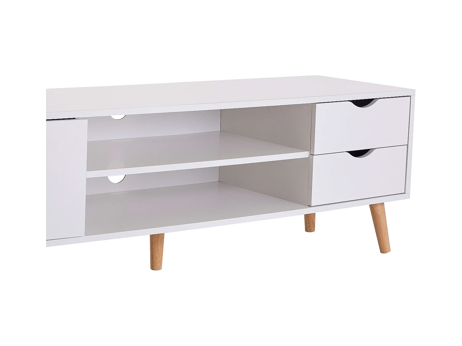 Meuble TV Fiana avec 2 tiroirs, 1 porte, étagère centrale, 140 x 46 x 40 cm, blanc/chêne