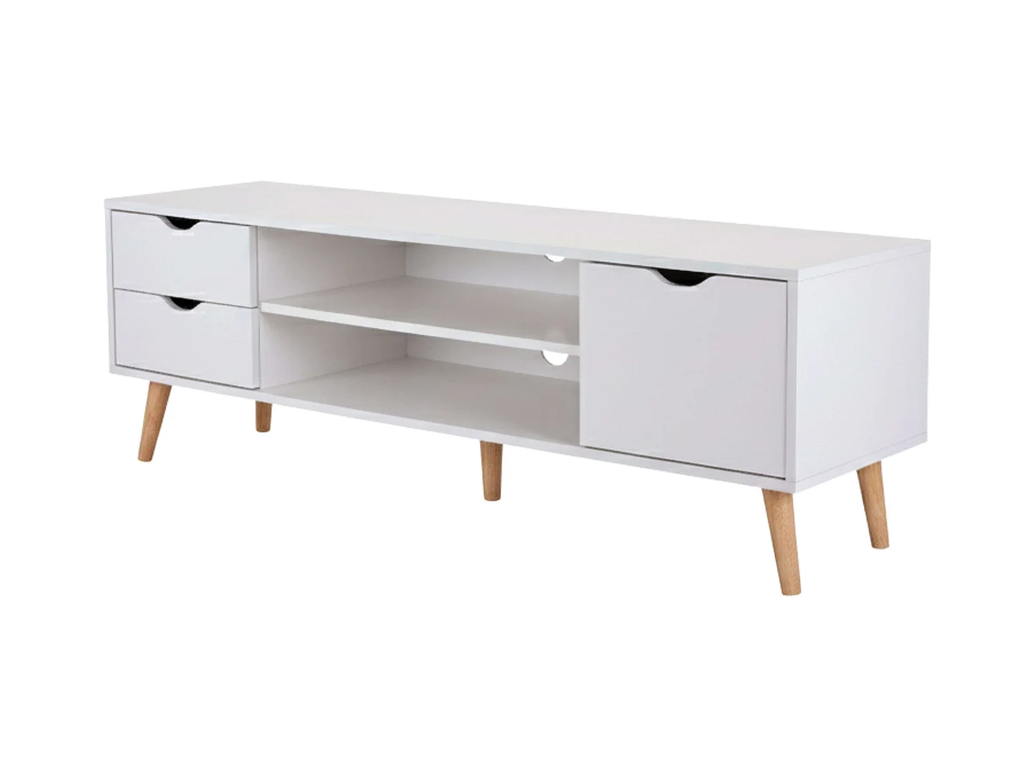 Meuble TV Fiana avec 2 tiroirs, 1 porte, étagère centrale, 140 x 46 x 40 cm, blanc/chêne