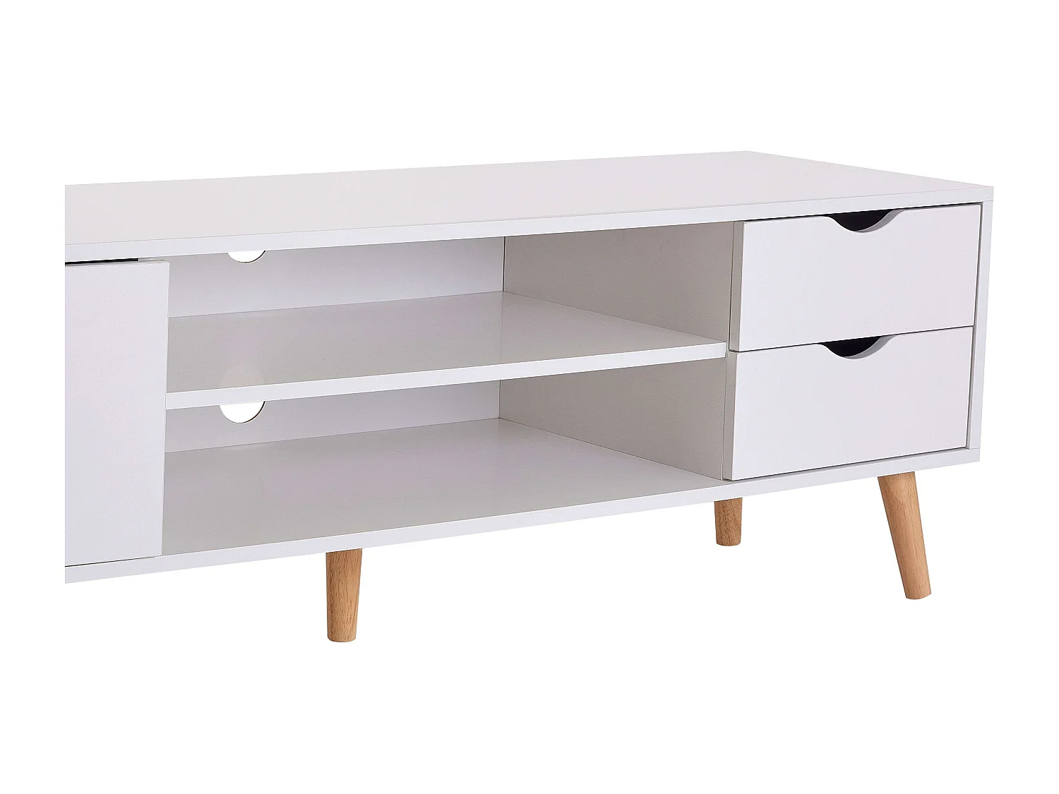 Meuble TV Fiana avec 2 tiroirs, 1 porte, étagère centrale, 140 x 46 x 40 cm, blanc/chêne
