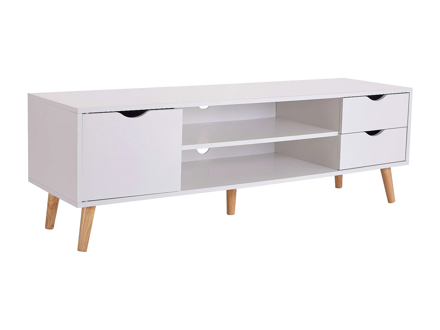Meuble TV Fiana avec 2 tiroirs, 1 porte, étagère centrale, 140 x 46 x 40 cm, blanc/chêne