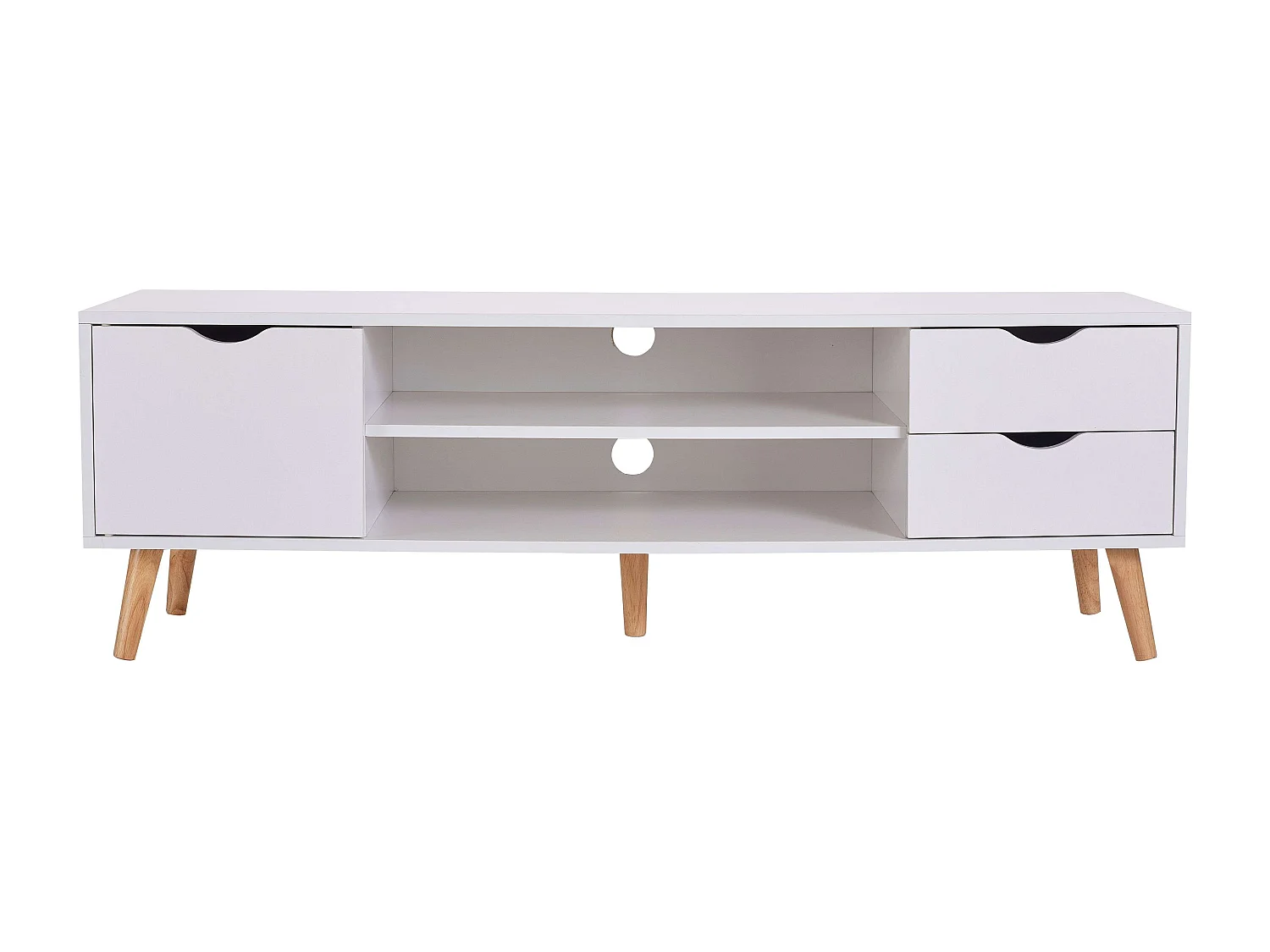 Meuble TV Fiana avec 2 tiroirs, 1 porte, étagère centrale, 140 x 46 x 40 cm, blanc/chêne