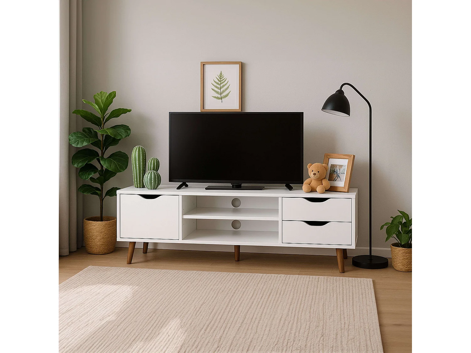 Meuble TV Fiana avec 2 tiroirs, 1 porte, étagère centrale, 140 x 46 x 40 cm, blanc/chêne