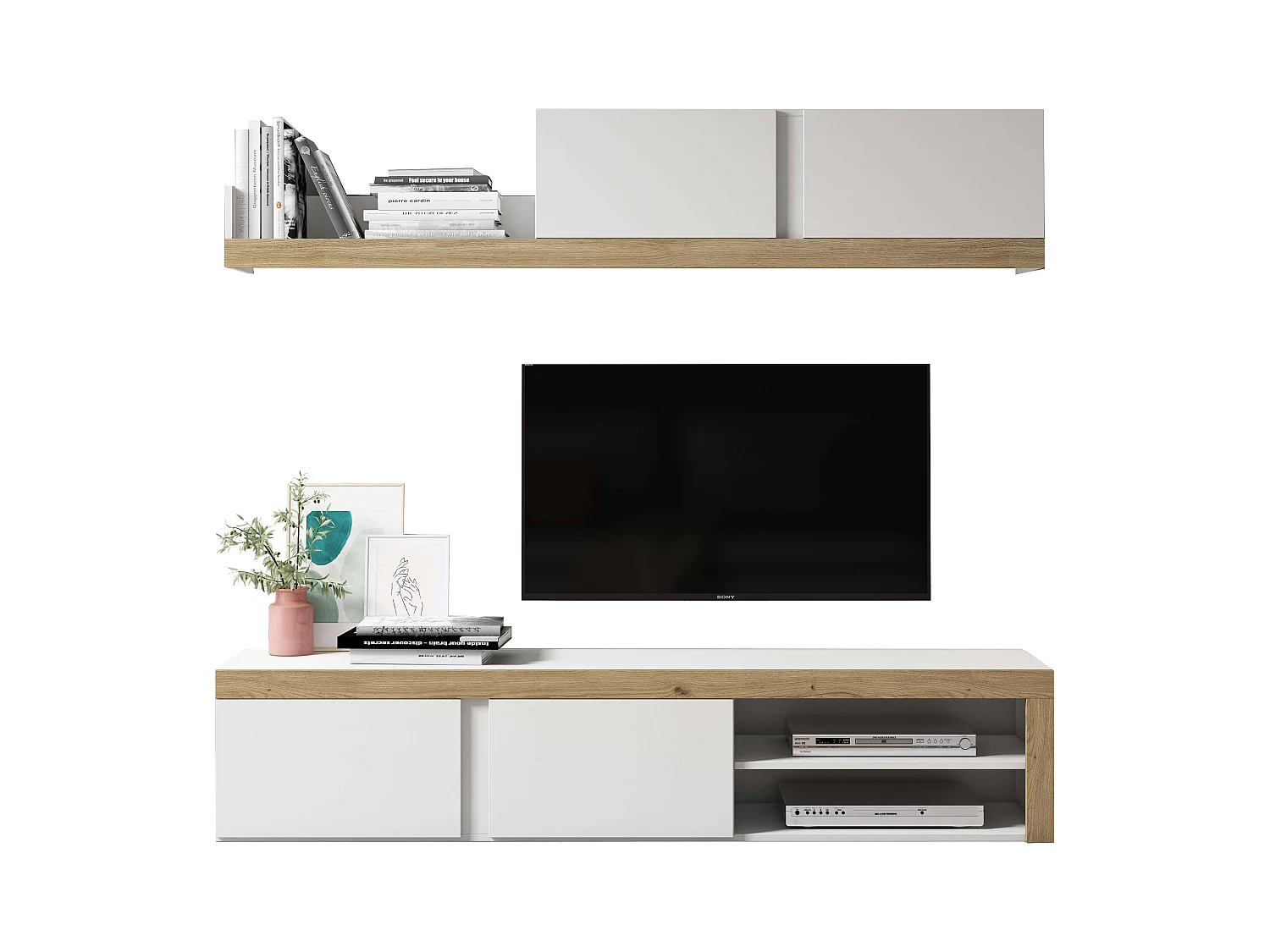 Mueble salón comedor Fly 2 módulos blanco/naturale moderno 200x180x40 cm