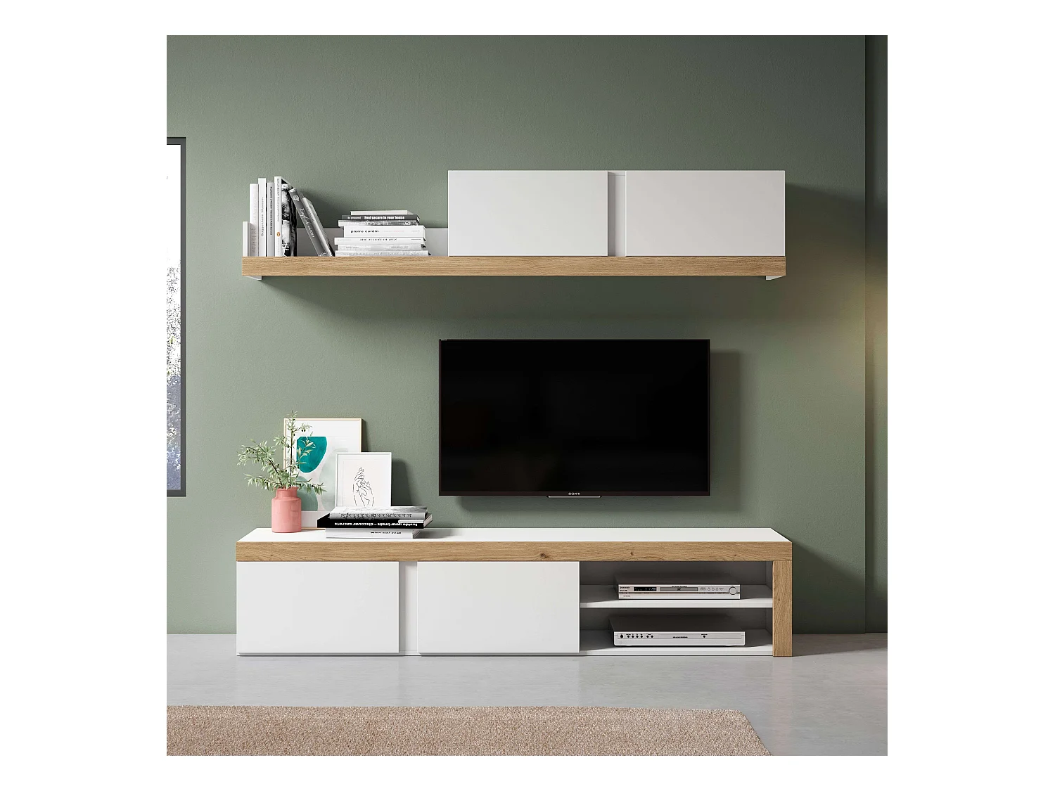 Mueble salón comedor Fly 2 módulos blanco/naturale moderno 200x180x40 cm