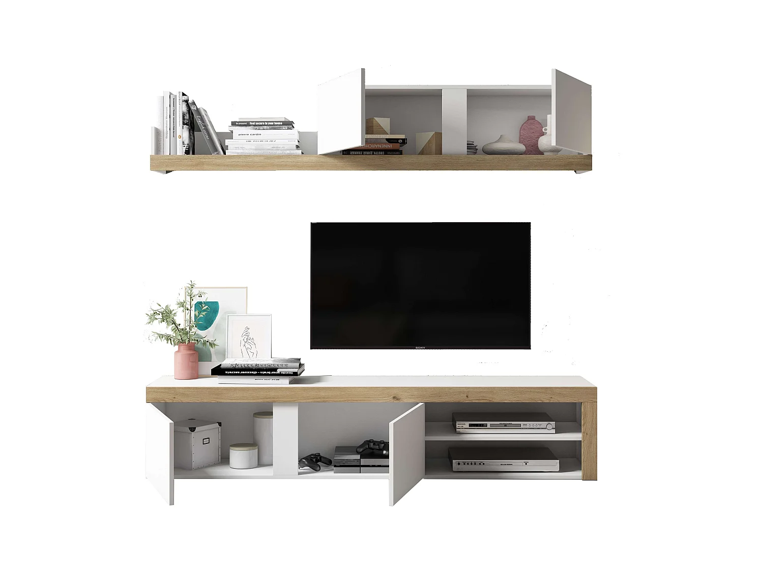 Mueble salón comedor Fly 2 módulos blanco/naturale moderno 200x180x40 cm