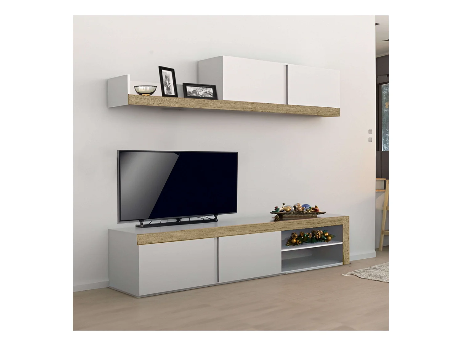 Mueble salón comedor Fly 2 módulos blanco/naturale moderno 200x180x40 cm