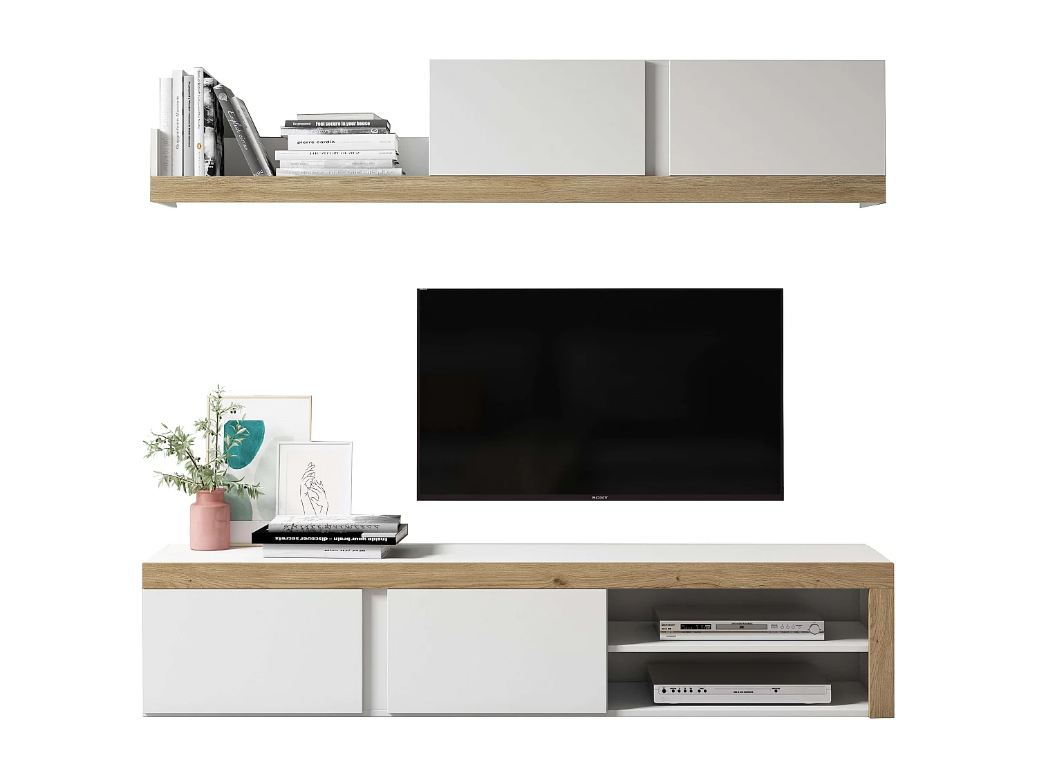 Mueble salón comedor Fly 2 módulos blanco/naturale moderno 200x180x40 cm