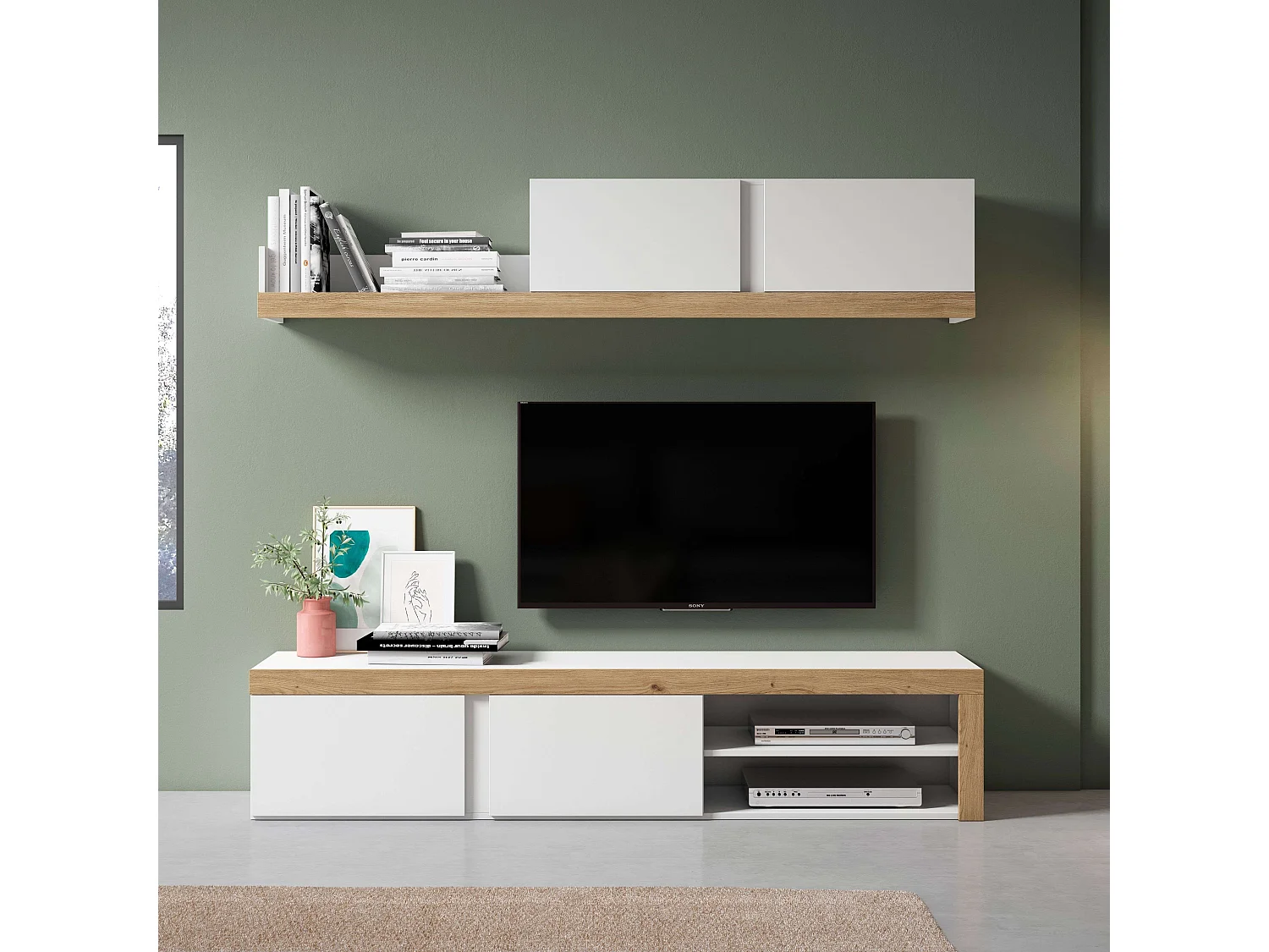 Mueble salón comedor Fly 2 módulos blanco/naturale moderno 200x180x40 cm