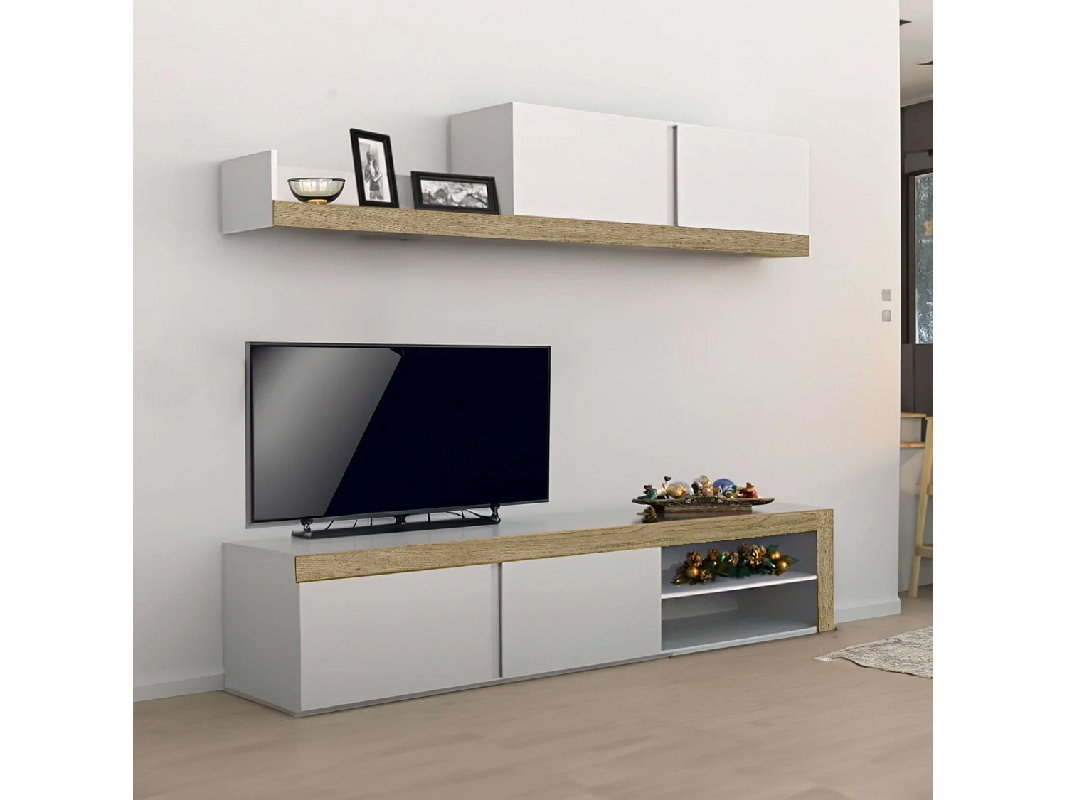 Mueble salón comedor Fly 2 módulos blanco/naturale moderno 200x180x40 cm