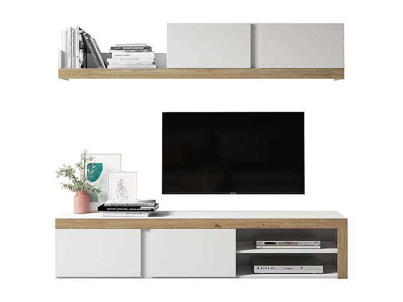 Mueble salón comedor Fly 2 módulos blanco/naturale moderno 200x180x40 cm