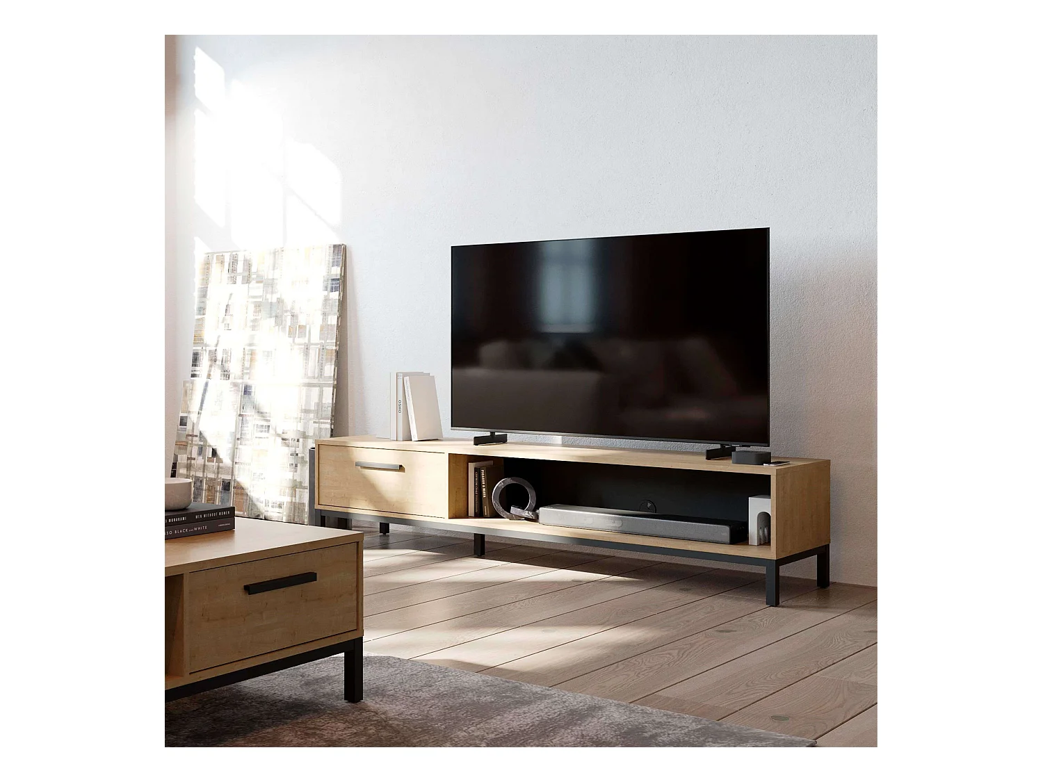 Mueble TV Moderno Roble Hamilton/Negro 1 Cajón, Estante, Puerta 183x41x45cm