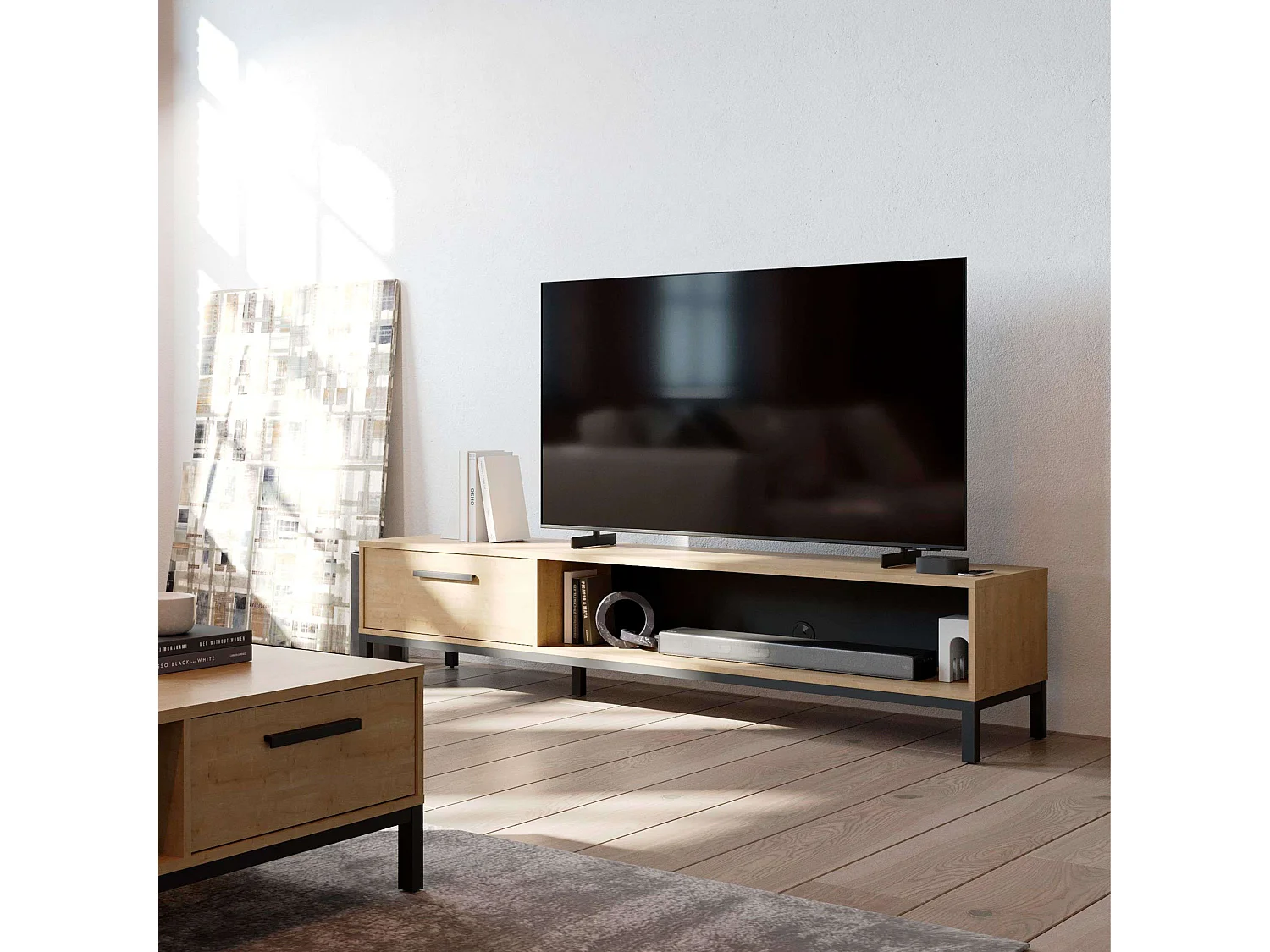 Mueble TV Moderno Roble Hamilton/Negro 1 Cajón, Estante, Puerta 183x41x45cm