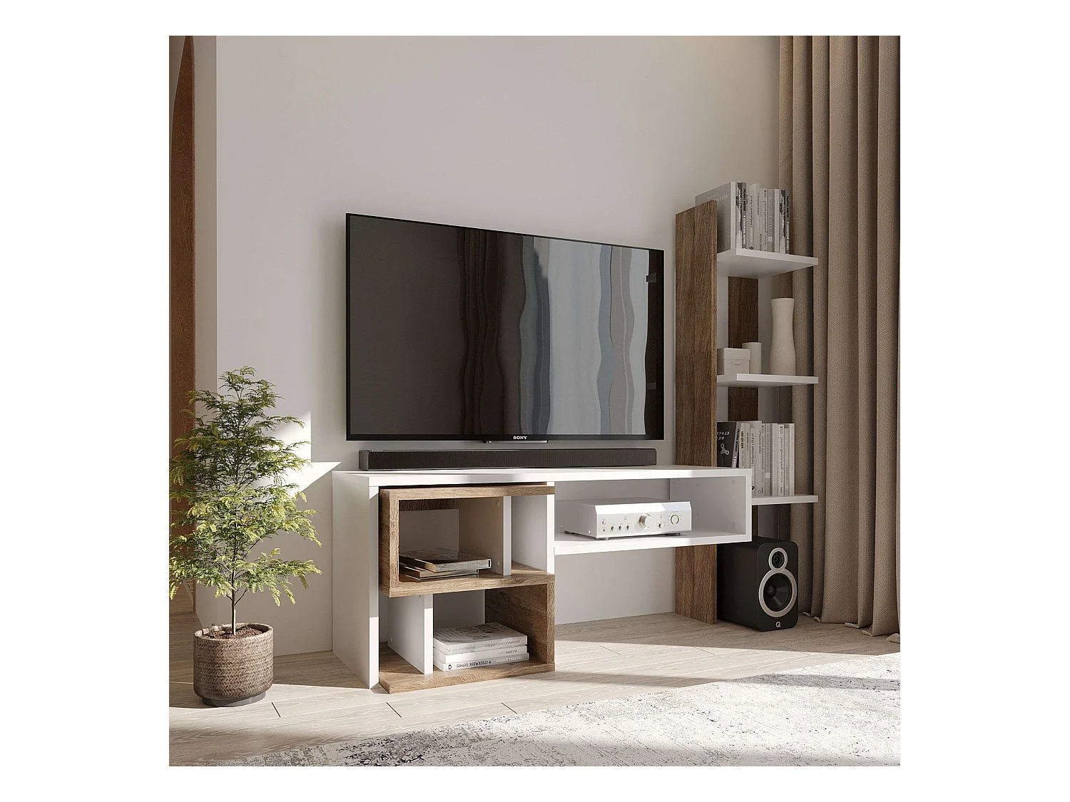 Meuble de salon moderne Mom Ansberg en chêne et blanc semi-mat 187 cm