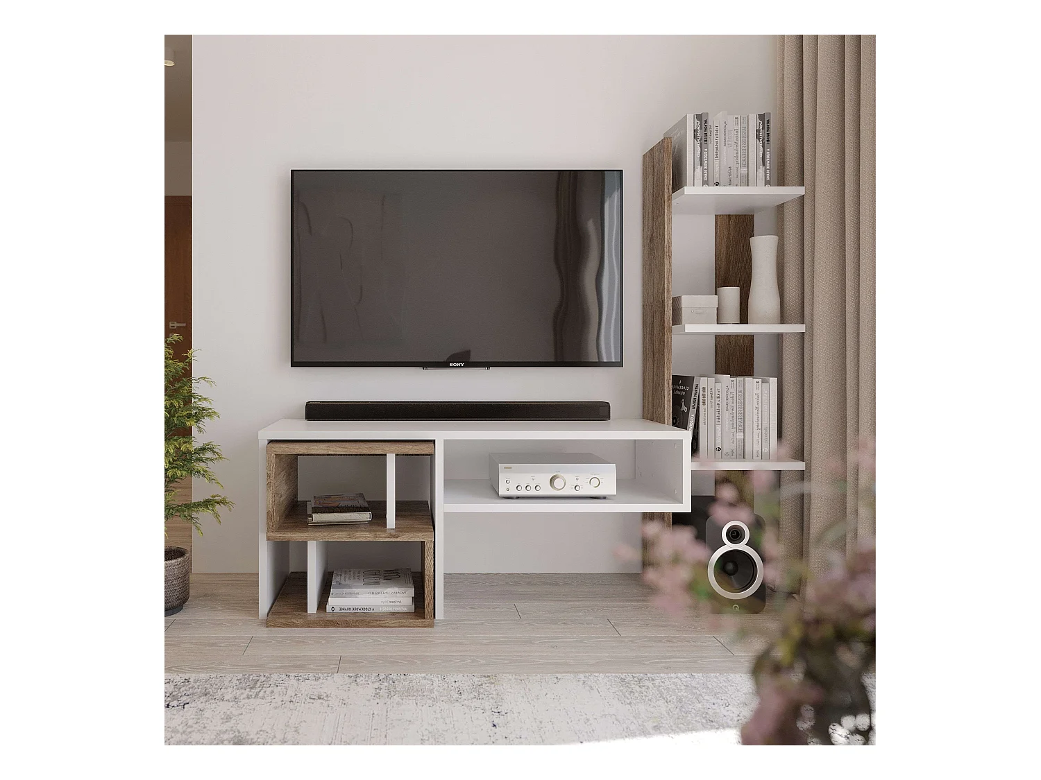 Meuble de salon moderne Mom Ansberg en chêne et blanc semi-mat 187 cm