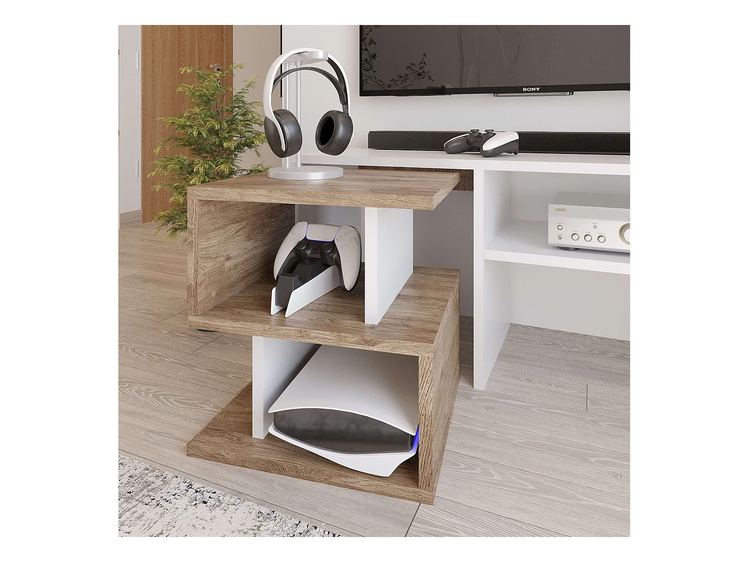 Meuble de salon moderne Mom Ansberg en chêne et blanc semi-mat 187 cm