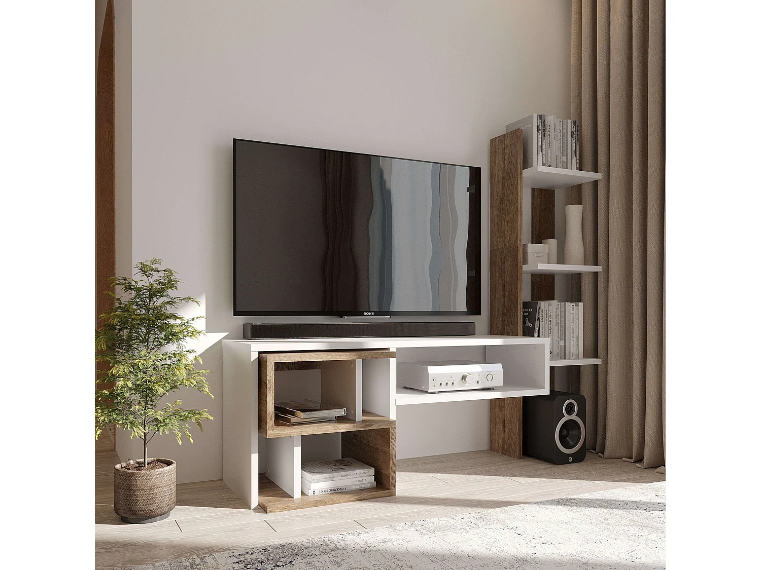 Meuble de salon moderne Mom Ansberg en chêne et blanc semi-mat 187 cm