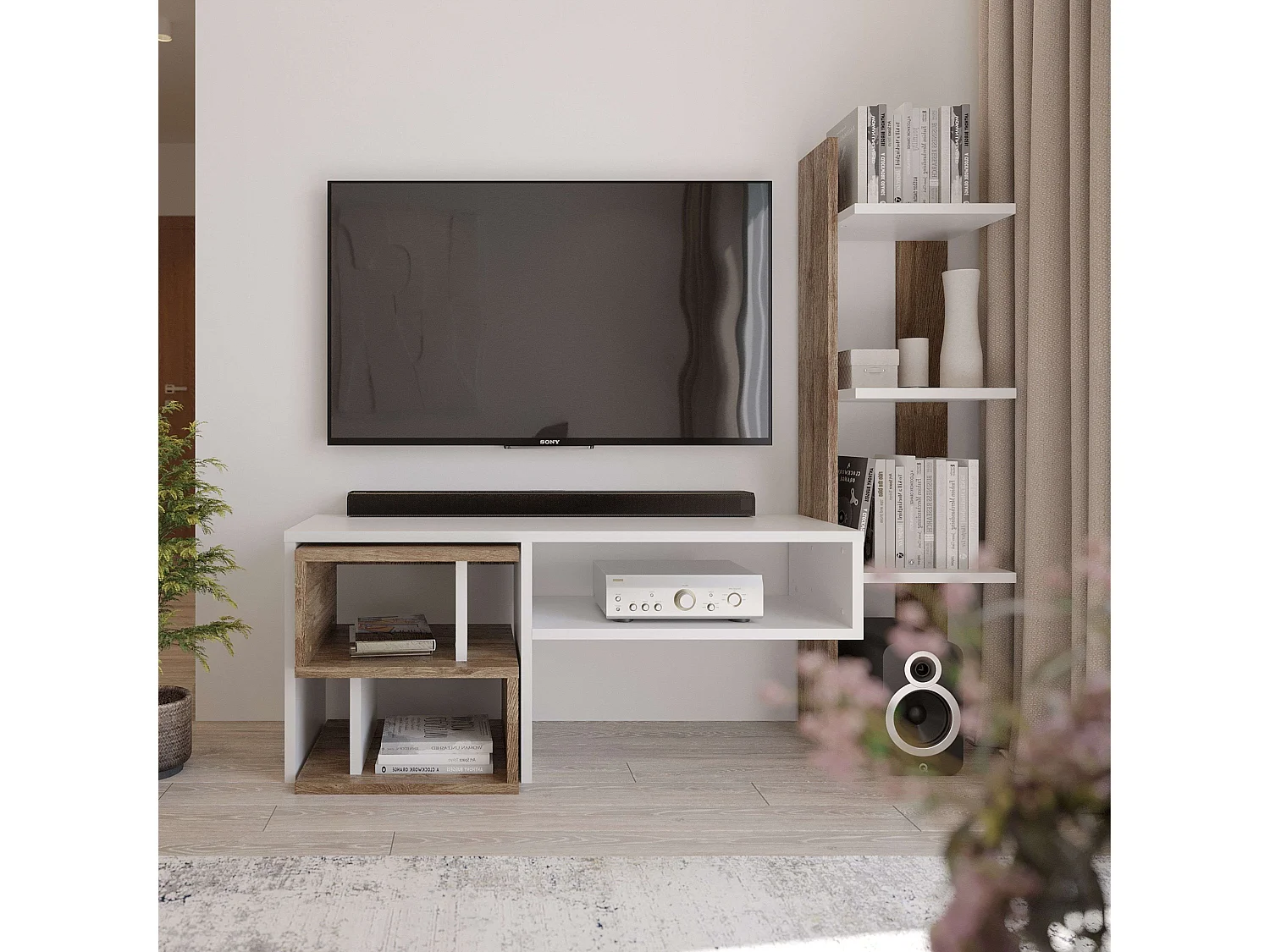 Meuble de salon moderne Mom Ansberg en chêne et blanc semi-mat 187 cm