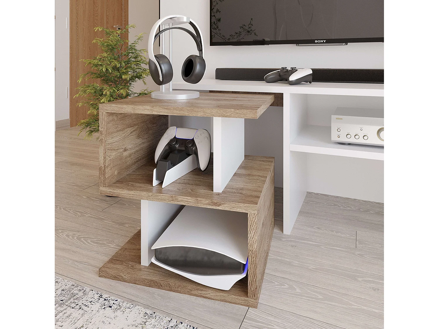 Meuble de salon moderne Mom Ansberg en chêne et blanc semi-mat 187 cm