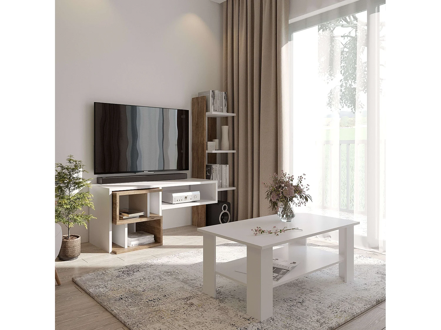 Meuble de salon moderne Mom Ansberg en chêne et blanc semi-mat 187 cm
