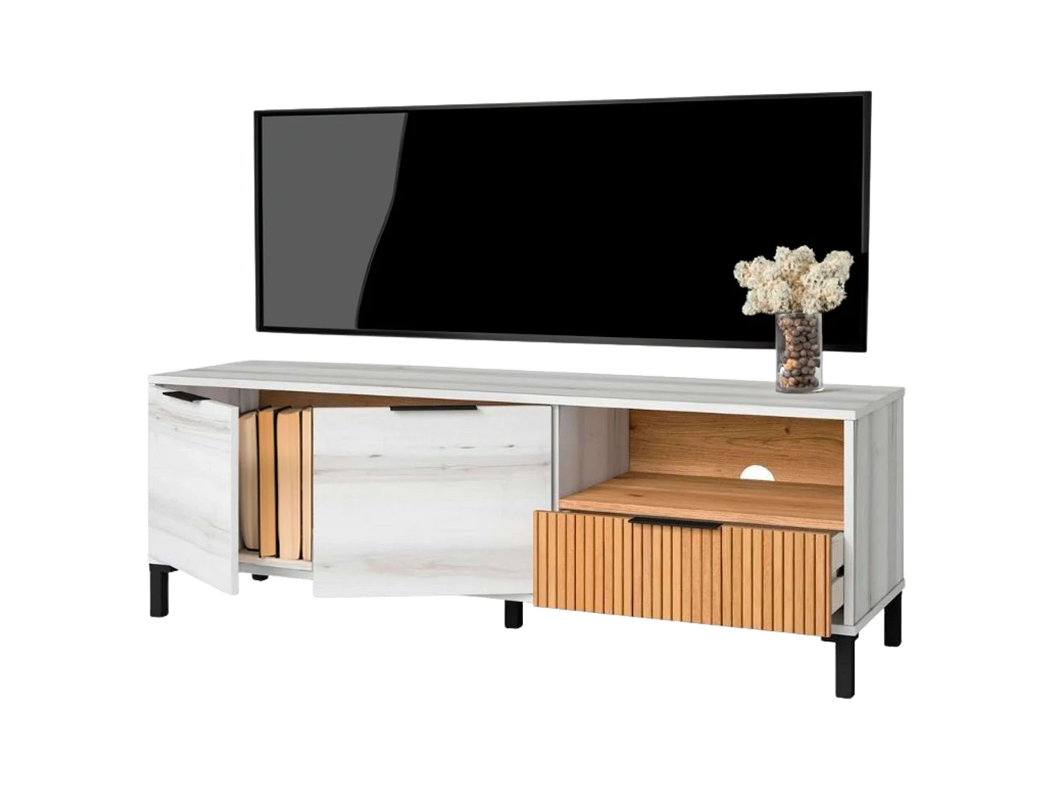 Meuble TV Nordic Tokyo Blanc Albo/Chêne rayé 2 portes 1 tiroir 136 cm