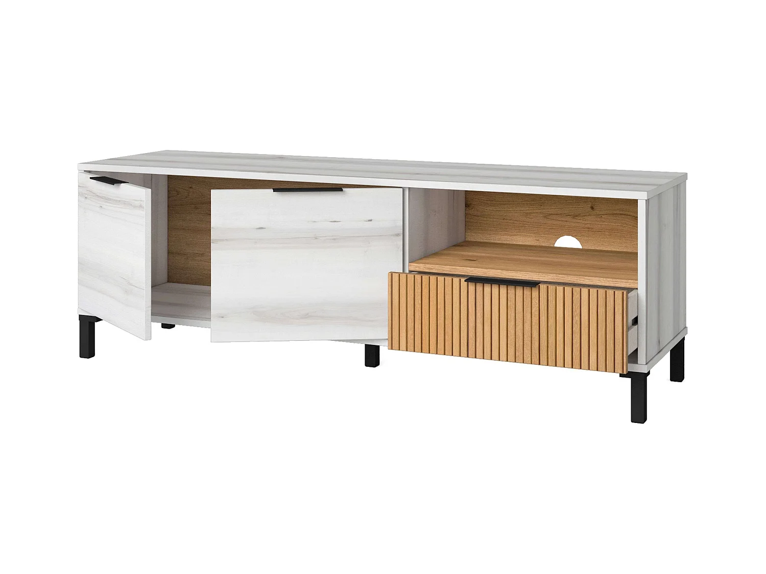 Meuble TV Nordic Tokyo Blanc Albo/Chêne rayé 2 portes 1 tiroir 136 cm