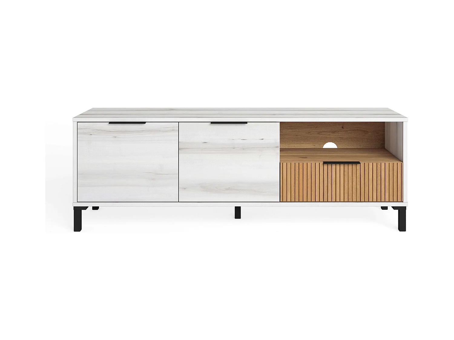 Meuble TV Nordic Tokyo Blanc Albo/Chêne rayé 2 portes 1 tiroir 136 cm