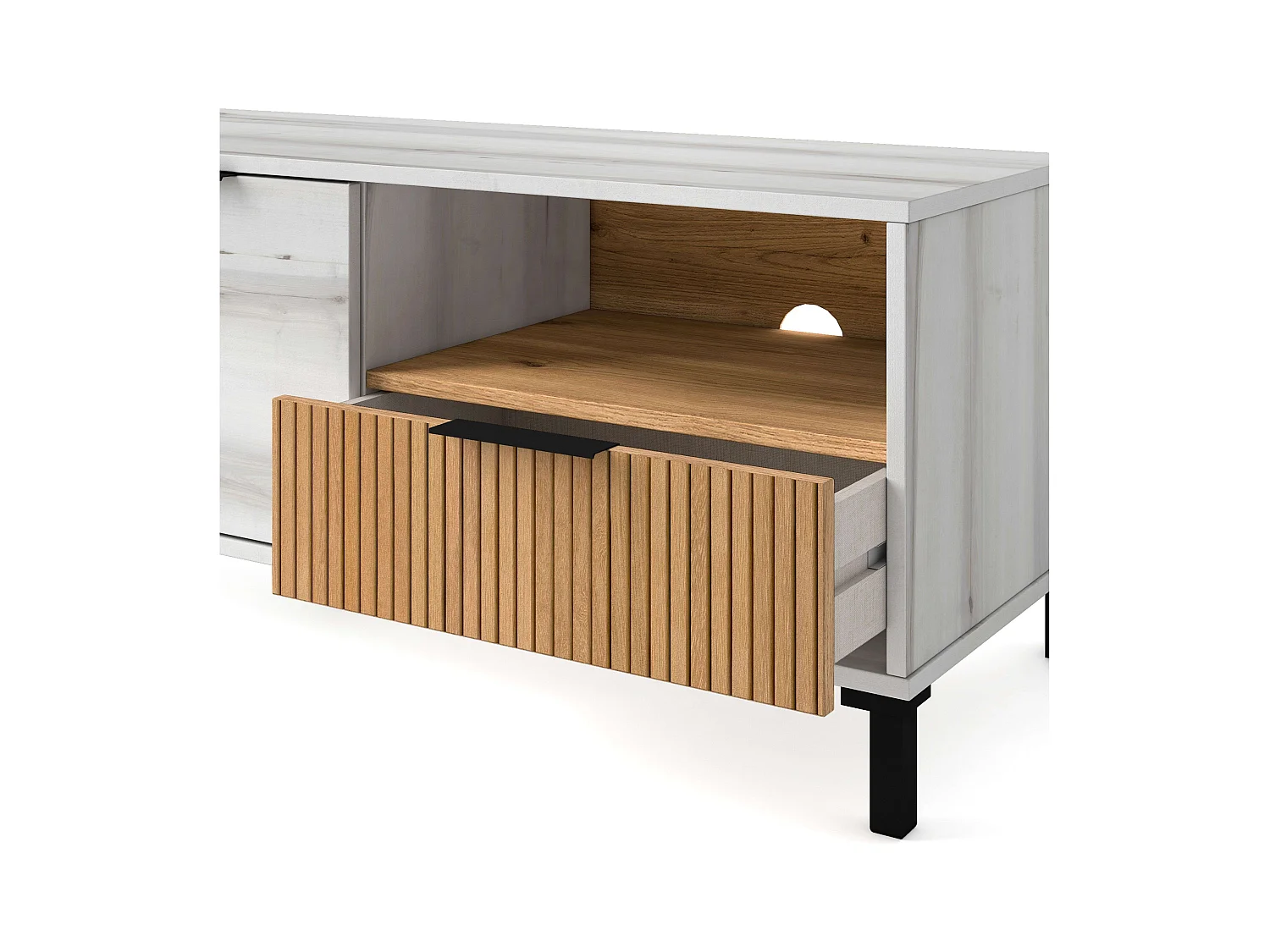 Meuble TV Nordic Tokyo Blanc Albo/Chêne rayé 2 portes 1 tiroir 136 cm