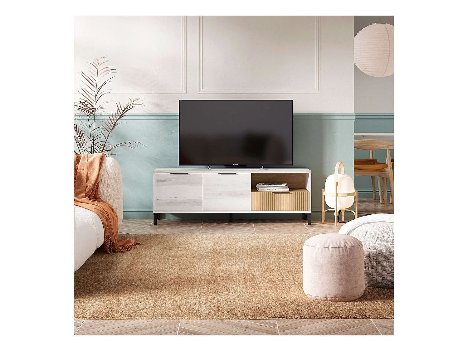 Meuble TV Nordic Tokyo Blanc Albo/Chêne rayé 2 portes 1 tiroir 136 cm