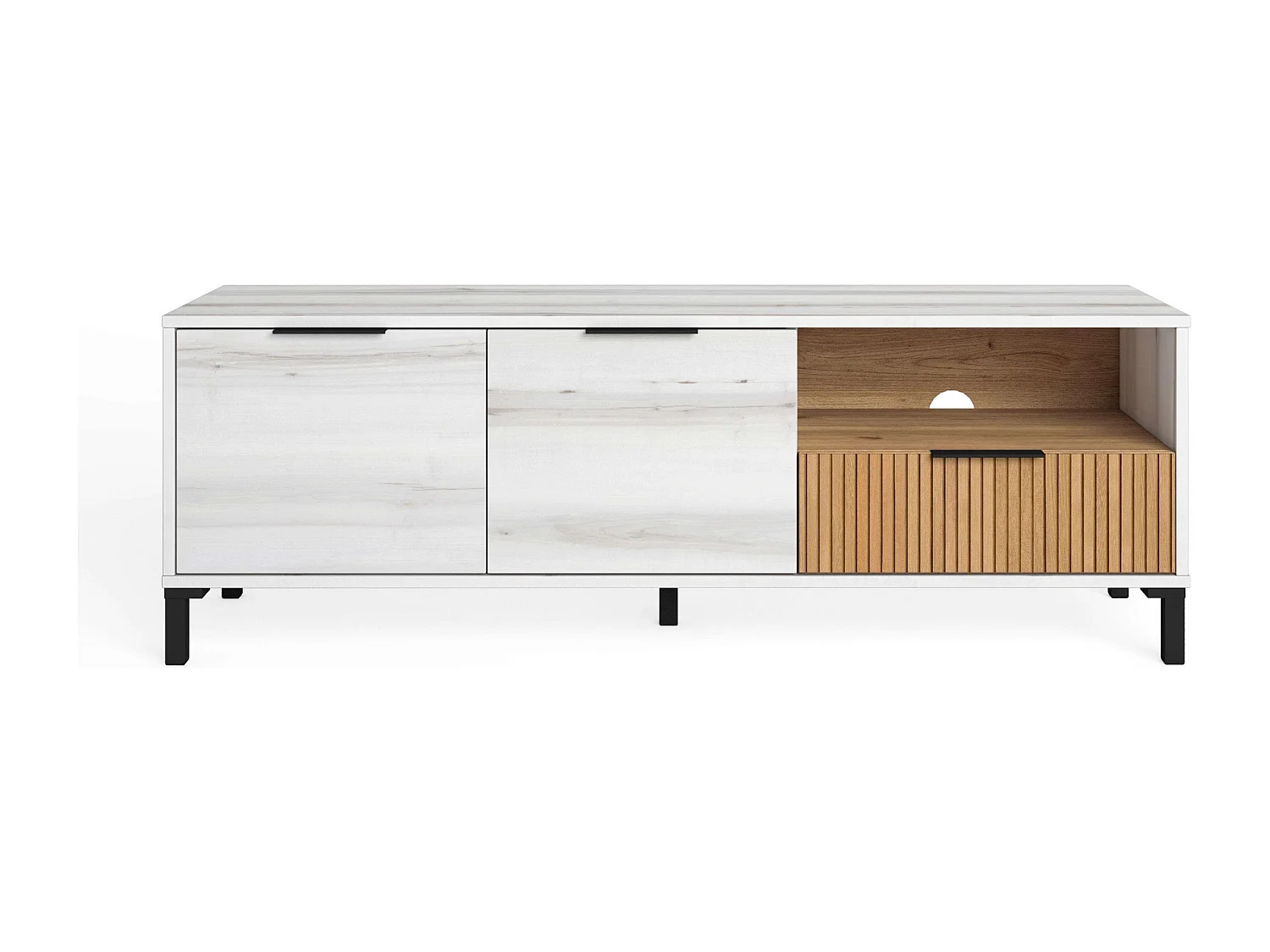 Meuble TV Nordic Tokyo Blanc Albo/Chêne rayé 2 portes 1 tiroir 136 cm