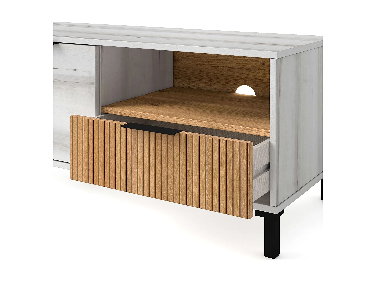 Meuble TV Nordic Tokyo Blanc Albo/Chêne rayé 2 portes 1 tiroir 136 cm