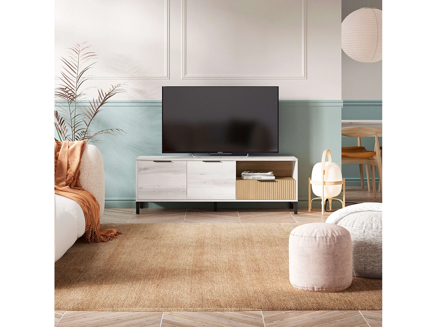Meuble TV Nordic Tokyo Blanc Albo/Chêne rayé 2 portes 1 tiroir 136 cm
