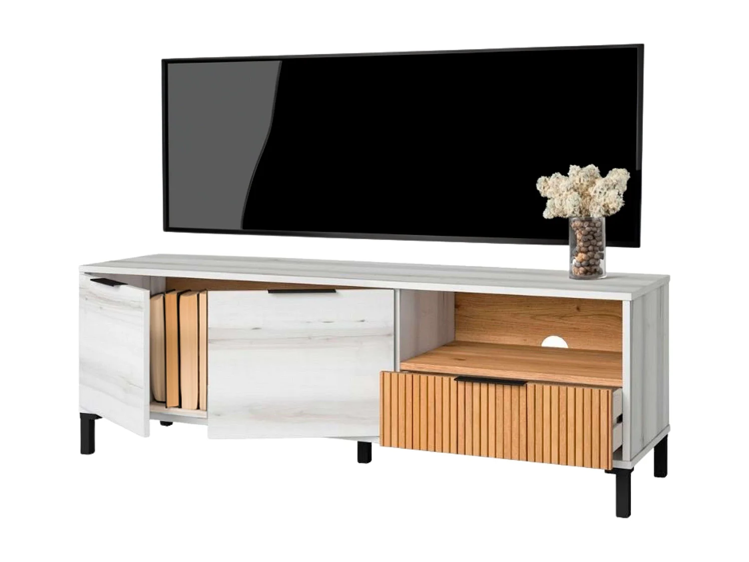 Meuble TV Nordic Tokyo Blanc Albo/Chêne rayé 2 portes 1 tiroir 136 cm