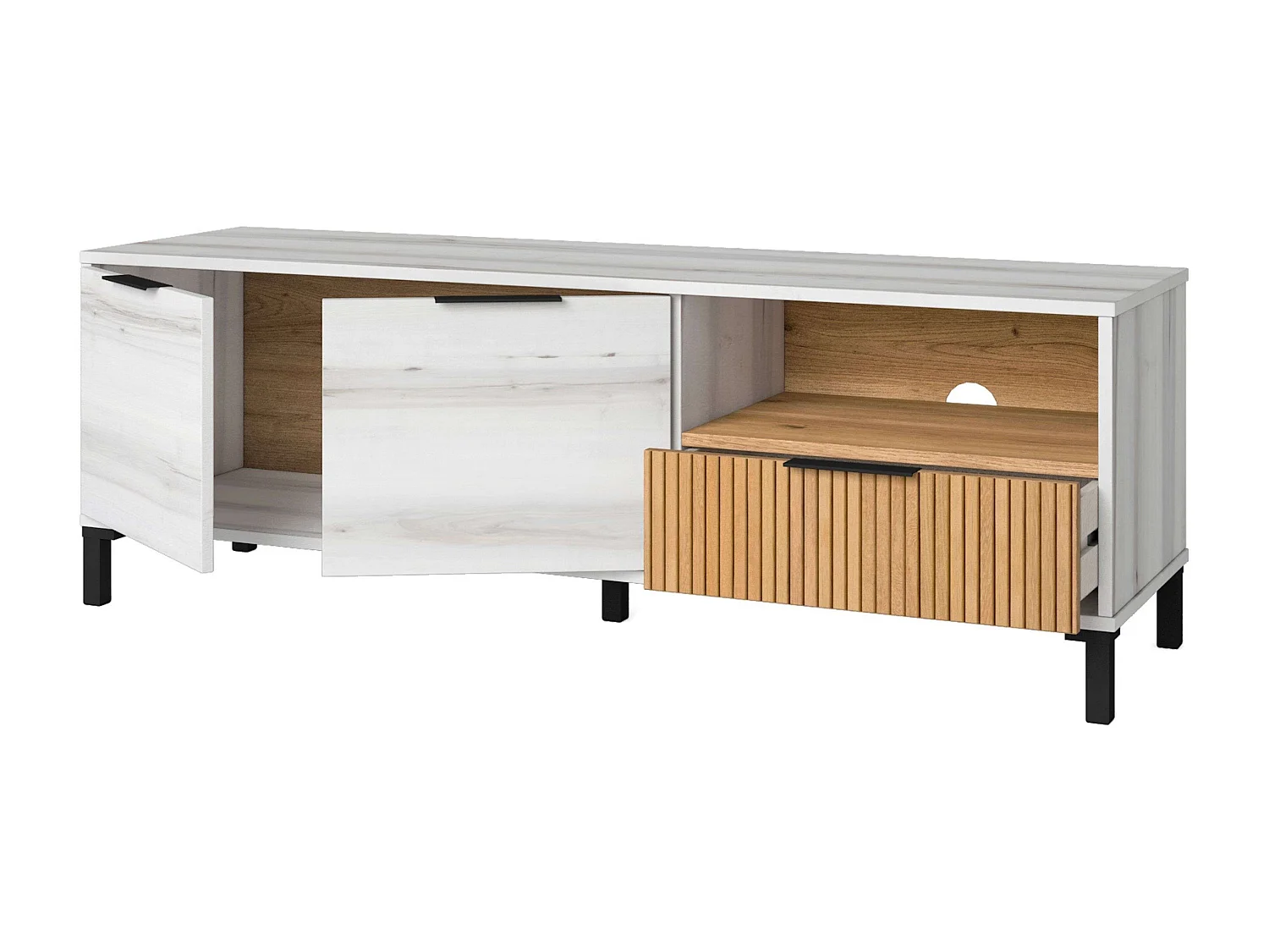 Meuble TV Nordic Tokyo Blanc Albo/Chêne rayé 2 portes 1 tiroir 136 cm