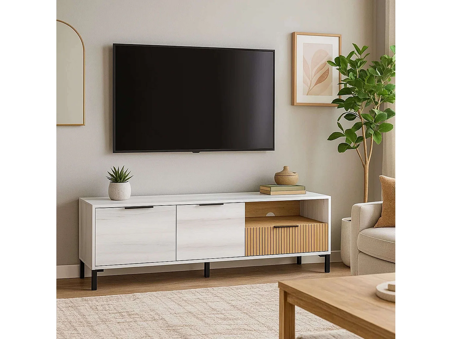 Meuble TV Nordic Tokyo Blanc Albo/Chêne rayé 2 portes 1 tiroir 136 cm