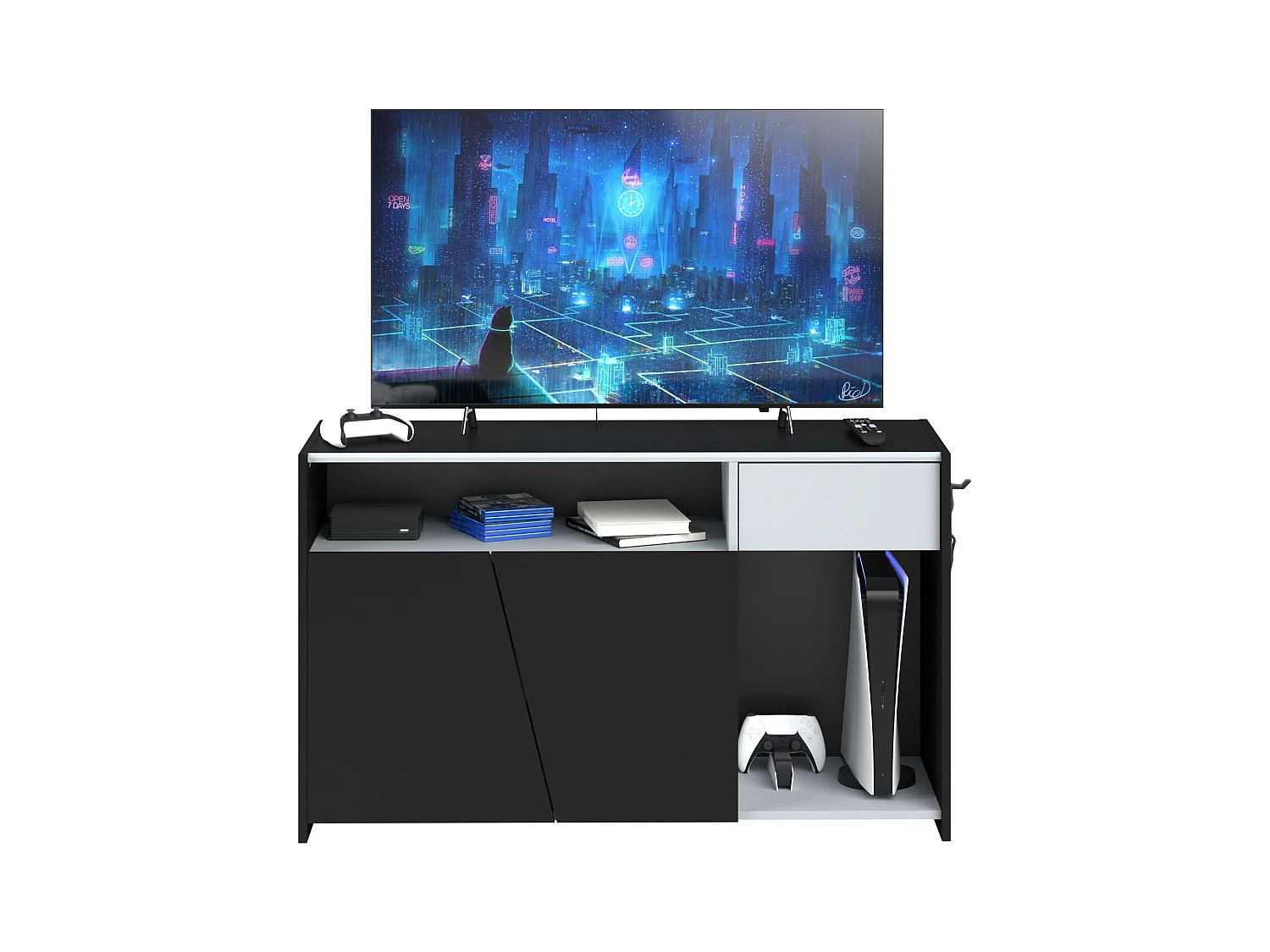 Meuble TV TexGen Noir/Gris 2 portes, 1 tiroir 113 x 67 x 40 cm